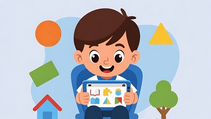 Young boy uses tablet for learning; colorful apps, shapes, and objects on soft blue background.