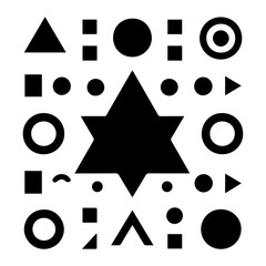 Abstract symmetrical composition featuring a central star surrounded by an intricate pattern of diverse geometric shapes arranged harmoniously, illustrating fundamental design principles