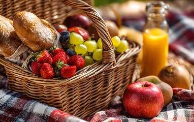 Relaxed Summer Picnic Concept with a Wicker Basket, Fresh Fruits, and Baguette, basket of fruit