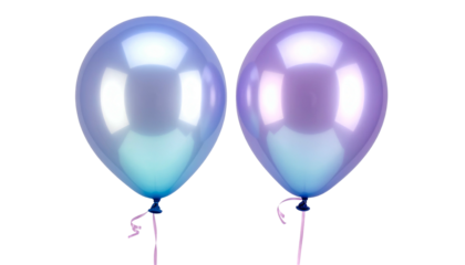 Two glossy, iridescent balloons, one blue-teal and one lavender, against a black background