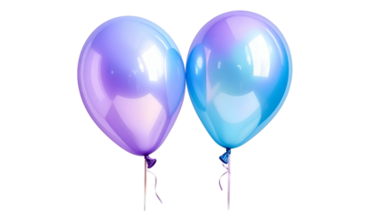Two glossy, colorful balloons, a mix of purple and blue, float against a black background