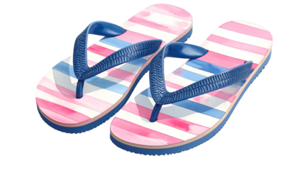 Pair of striped, watercolor-style flip-flops with blue straps, isolated on black