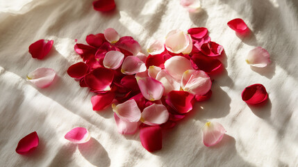 Romantic wedding concept petal heart background in bright sunlight