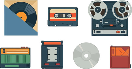 Flat design set of 6 retro audio media vinyl record cassette tape reel to reel 8-track cd and minidisc