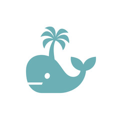 Stylized teal whale character with a palm tree on white background