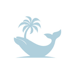 Stylized whale with island and palm tree logo design on a white background