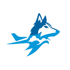 Abstract illustration of a wolf head and airplane in blue and white colors