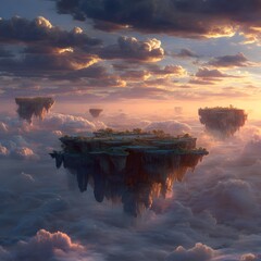 Ethereal Fantasy Landscape with Floating Islands Drifting in a Cloud-Filled Sky