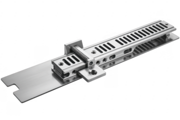 Silver metal linear motion system with spring isolated on a transparent background