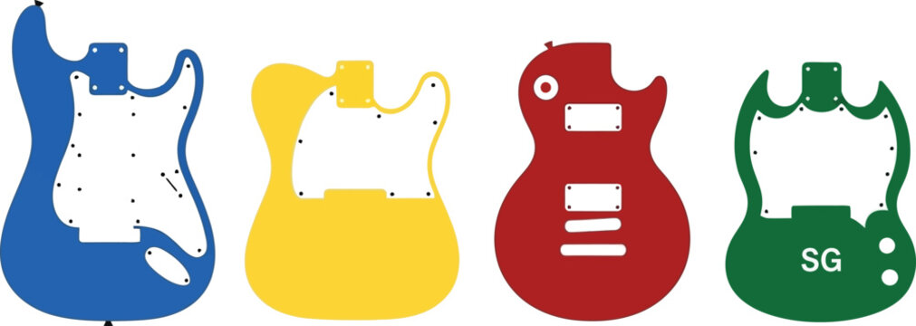 Flat design set of 4 electric guitar body shapes stratocaster telecaster les paul and sg style