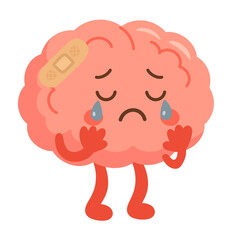 Obraz premium Cartoon Illustration of a Sad and Hurt Brain Character with a Bandage
