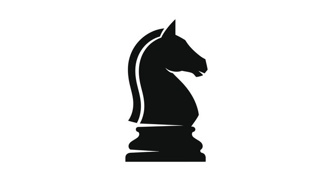 A striking black chess knight head and neck is depicted in a bold minimalist silhouette