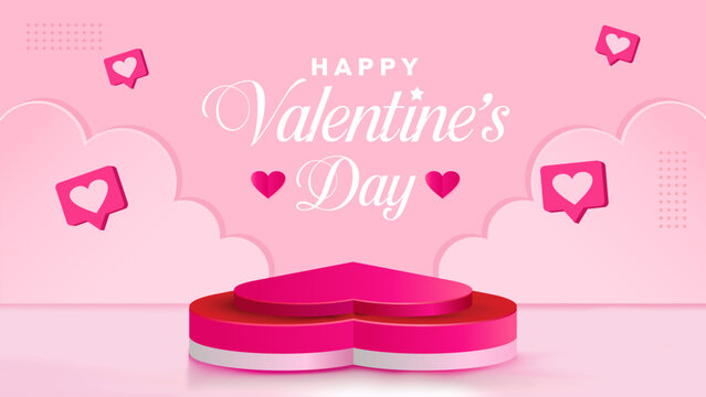 Valentine&rsquo;s Day Greeting Card Design with Pink Hearts and 3D Podium