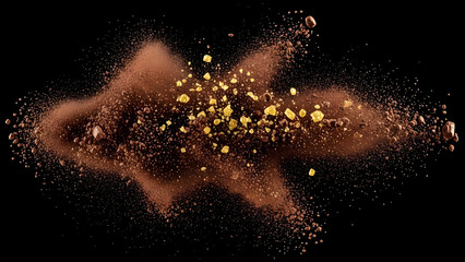 This image captures a dynamic moment of an explosion of spices against a stark black background.