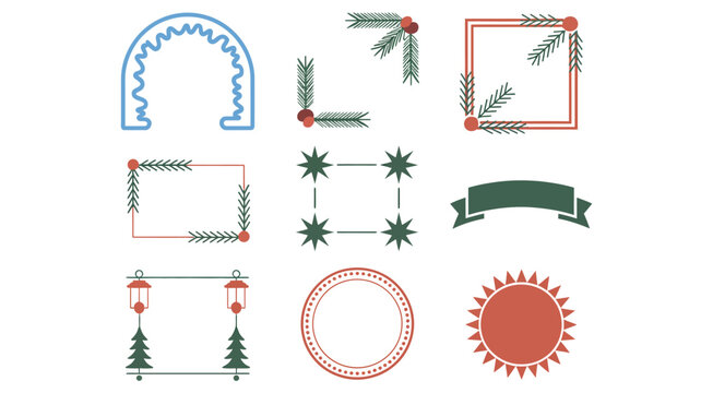 Seasonal winter design kit with snowy arch label, pine corner borders, curved banners, sunburst seals and tiny trees for prints