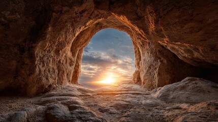 cave where Jesus, son of God, resurrected at a beautiful sunset