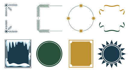 Holiday label and frame vector set with pine corners, round wreath, ornate curly border, sunburst badge, versatile seasonal branding