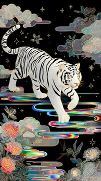 a white tiger made of mother-of-pearl, with iridescent opal and rainbow-holographic colors, walking on water in the style of japanese art nouveau
