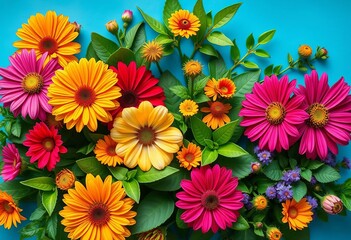 Brightly colored flowers and lush green plants in a flat lay arrangement, garden, photography