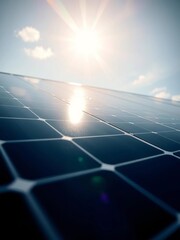 Solar panel glinting under diffused morning light, geometric pattern reflecting sky, serene surface,  calm,  bright