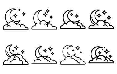 romantic night sky line icon set. Simple outline collection for valentines day. Editable stroke vector illustration black outline shape on transparent background. © RotanKumer