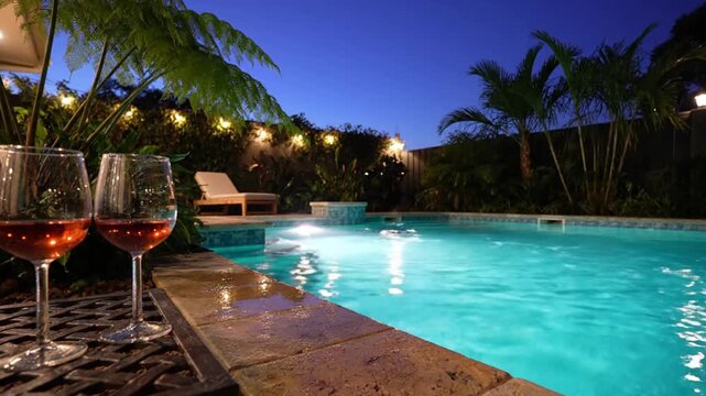 Romantic poolside setting at night with two elegant glasses of beverage, creating a tranquil and luxurious vacation atmosphere