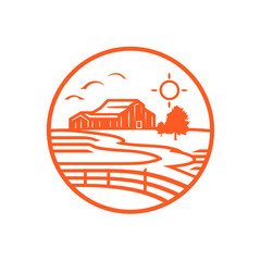 Orange barn and landscape design within a circle for commercial use