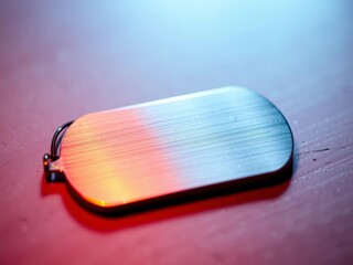 Close-up of a single dog tag, reflecting light, empty space for engraving,  engraved,  personalized