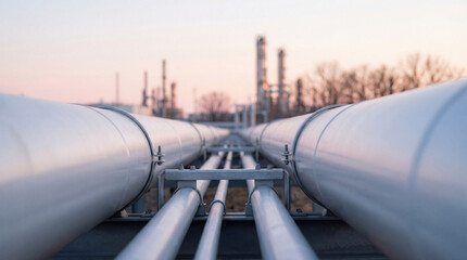 Perspective view of industrial steel pipelines stretching towards a refinery plant at sunset.