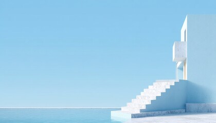 Minimalist Coastal Scene with Steps and Still Water