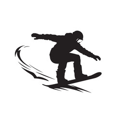 A silhouette illustration of a snowboarder carving and turning on a white background