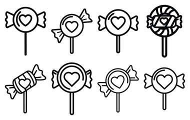 valentine candy lollipop line icon set. Simple outline collection for valentines day. Editable stroke vector illustration black outline shape on transparent background.