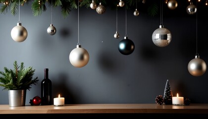 Christmas decorations with candles and ornaments on a wooden table.