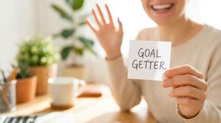 Motivational action of a goal getter woman in a home office lifestyle image bright environment close-up viewpoint empowering concept for personal development