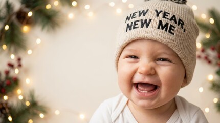 Joyful new year celebration with baby smiling in cozy knit hat festive indoor setting surrounded by twinkling lights capturing the essence of new beginnings and happiness
