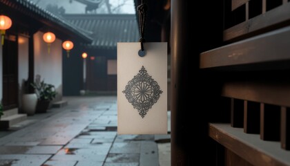Traditional Asian courtyard with hanging decorative lantern and intricate design on a white card.