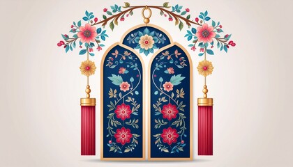 Ornate archway with floral decorations and lanterns in traditional style.