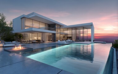 Sleek Minimalist Architecture Showcasing Sharp Geometry and Floor-to-Ceiling Windows, swimming pool at sunset