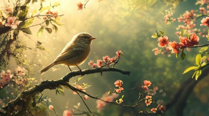 Robin perched on a branch in soft morning light, forest scene, wildlife portrait, peaceful nature, springtime, beautiful bird.