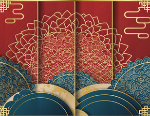 Intricate Traditional Asian Pattern with Red and Blue Elements.