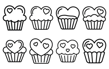 valentine cupcake heart line icon set. Simple outline collection for valentines day. Editable stroke vector illustration black outline shape on transparent background.