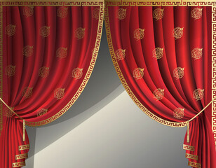 Luxurious red curtains with gold trim and ornate details.