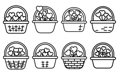 valentine flower basket line icon set. Simple outline collection for valentines day. Editable stroke vector illustration black outline shape on transparent background.