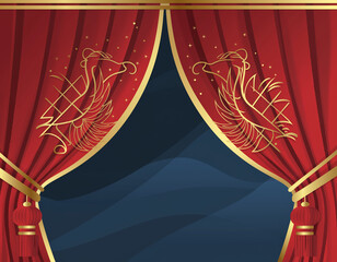 Luxurious red theater curtains with golden trim and ornamentation.
