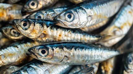 Obraz premium Sardine School: Close-up of Silver Fish in Atlantic Ocean - Marine Life, Fishing, Seafood, and Underwater Ecosystem Photography