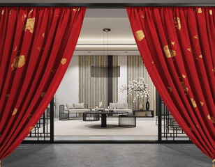 Luxurious interior design with red curtains and modern furniture.