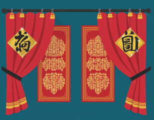 Chinese New Year couplets and red curtains with golden decorations.