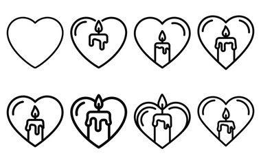 valentine heart candle line icon set. Simple outline collection for valentines day. Editable stroke vector illustration black outline shape on transparent background.