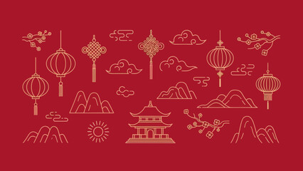 Chinese New Year gold outline icons on red background