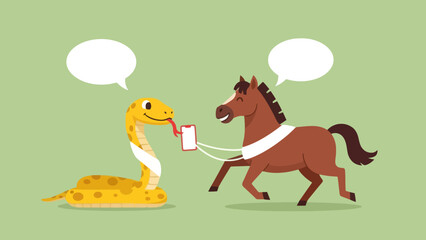 Cartoon Snake and Horse Using Smartphone
